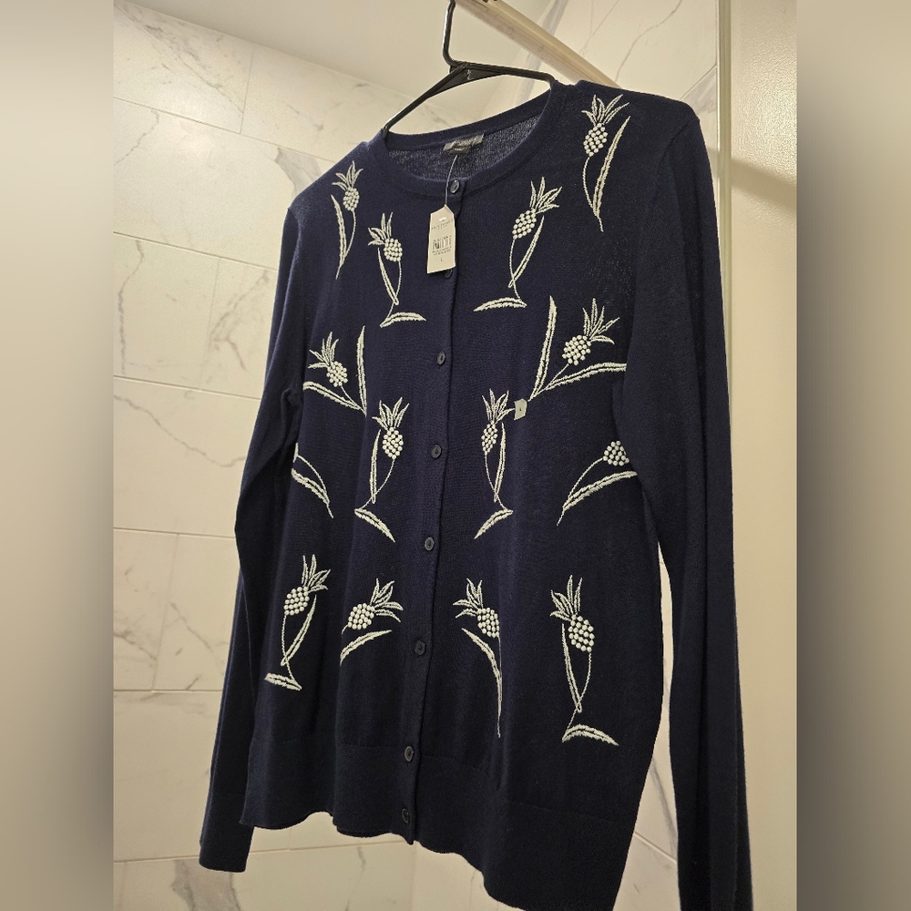 Ann Taylor Navy Blue Pineapple Embroidered Sweater